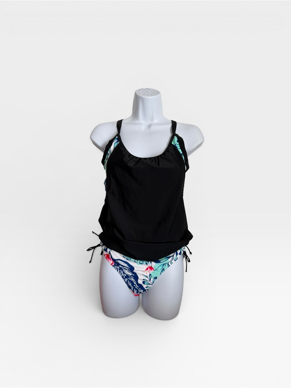 Women's Black Tankini Top with Floral Bikini Bottom